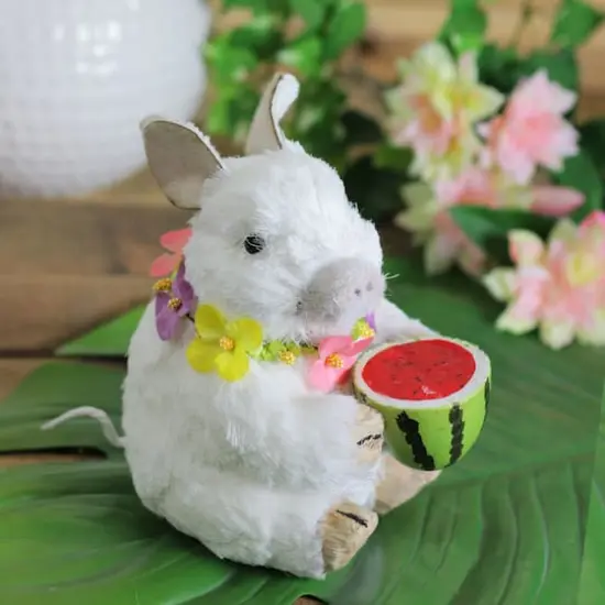 7" White Sisal Piglet with Floral Lei and Watermelon Figure {4}