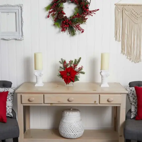 14" Potted Poinsettia, Pine & Berry Artificial Arrangement {3}