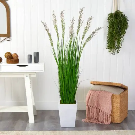 5ft. Wheat Grass Artificial Plant in White Metal Planter {3}