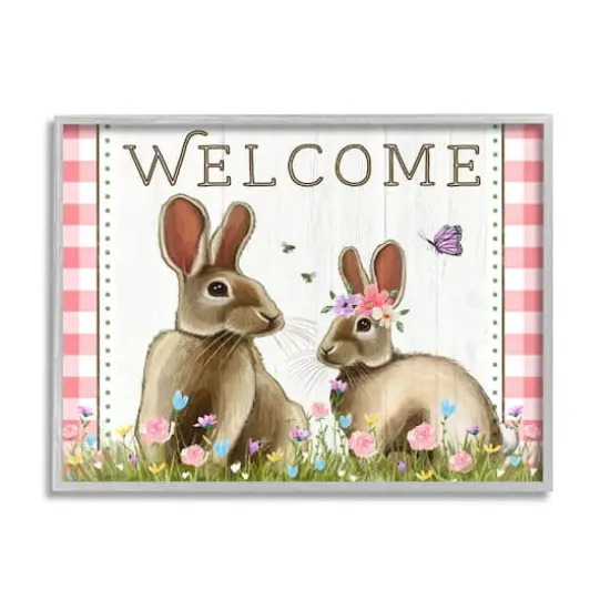Stupell Industries Welcome Plaid Spring Garden Rabbits Framed Giclee Art Gray {1}