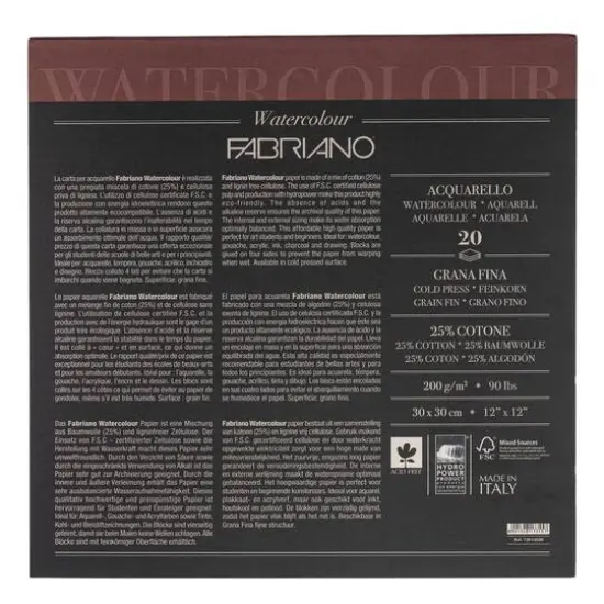 Fabriano&reg; Studio Cold Press 12" x 12" Watercolor Paper Block, 20 Sheets {4}