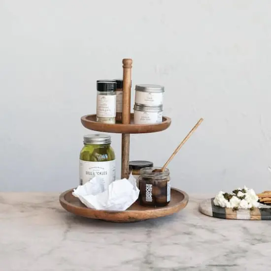 Hello Honey&reg; 16" Round Natural Mango Wood 2-Tier Tray {3}