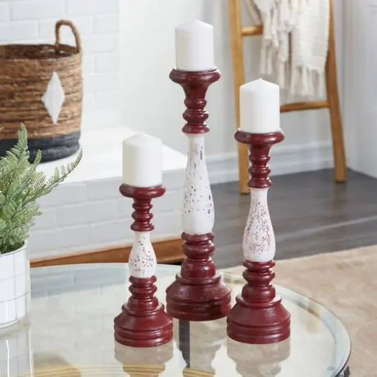 20" Red & White Wood Farmhouse Candlestick Holder Set {9}