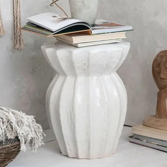 Hello Honey&reg; 20" Elegant Round Sculpted White Stoneware Stool {3}