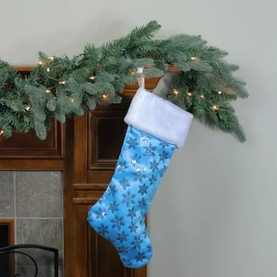 20.5" Sequin Snowflake Stocking with White Faux Fur Cuff, Blue {4}