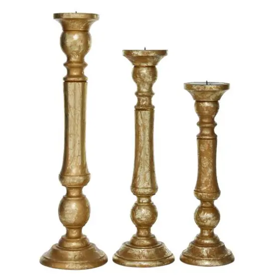 Gold Mango Wood Traditional Candle Holder Set {6}