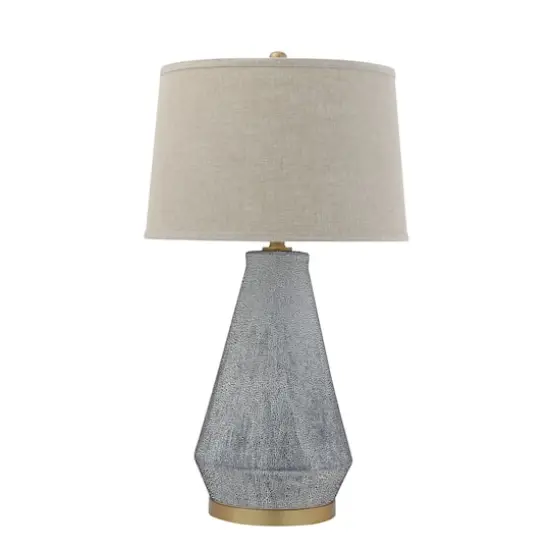 Hello Honey&reg; Textured Blue Glaze Ceramic Table Lamp with Natural Linen Shade {1}