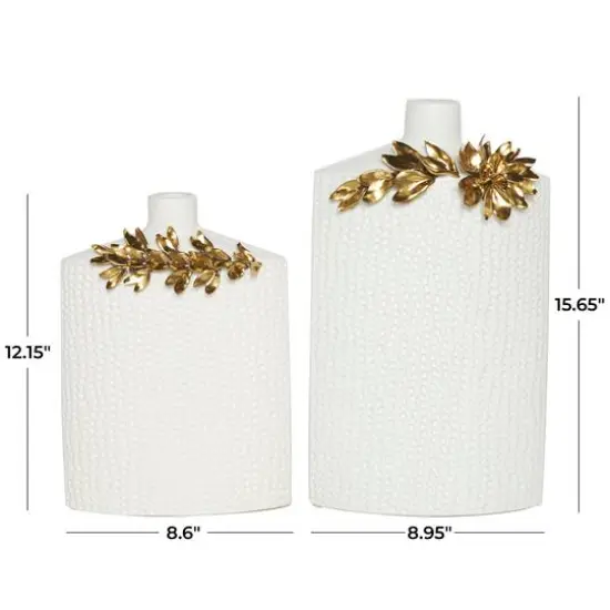 White & Gold Leaf Accent Ceramic Vase Set {11}