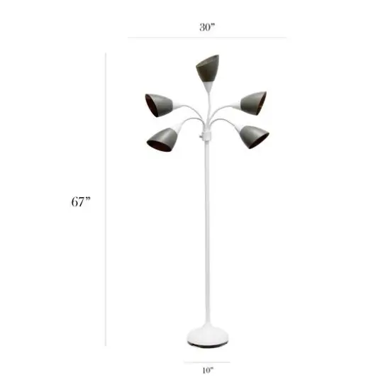 Simple Designs&trade; 5.6ft. 5-Light Gooseneck White Floor Lamp Gray Shades {4}