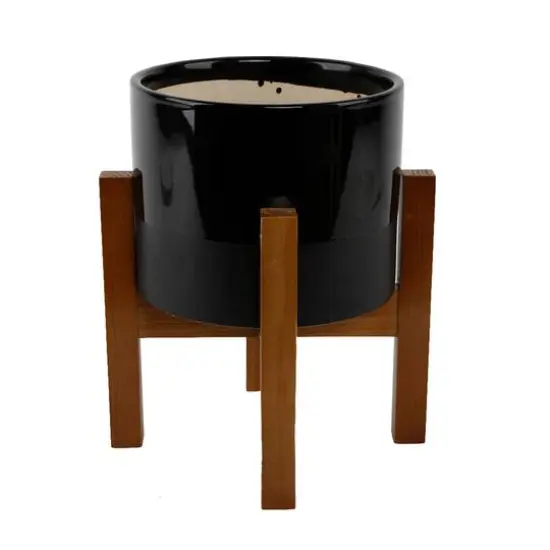 Flora Bunda 8" Black Large 2 Tone Pot On Wood Stand {1}