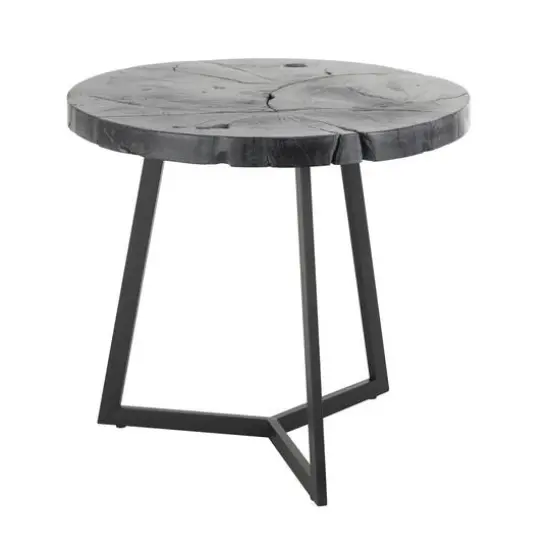 21.5" Black Teak Wood Handmade Live Edge Accent Table with Black Metal Base {4}