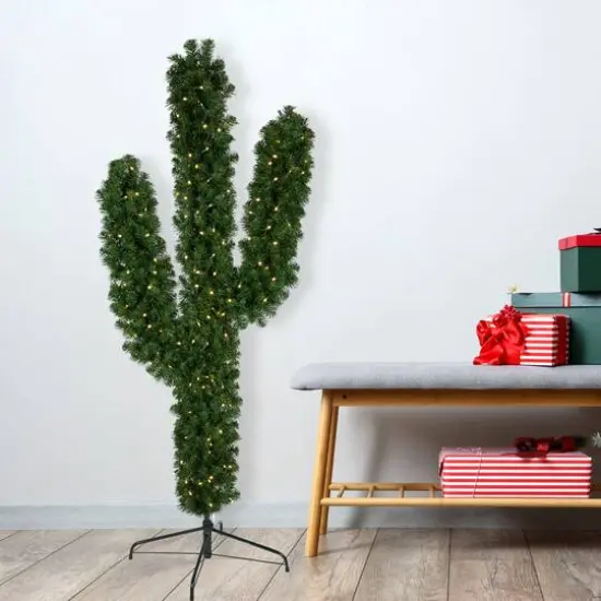 6ft. Pre-Lit Cactus Pine Artificial Christmas Tree, Warm White LED Lights {3}