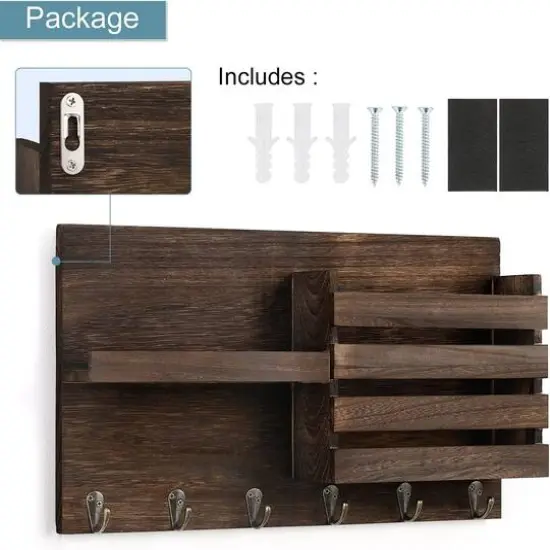 NEX&trade; Rustic Brown Wall-Mounted Mail Envelope Organizer with Key Hooks {4}