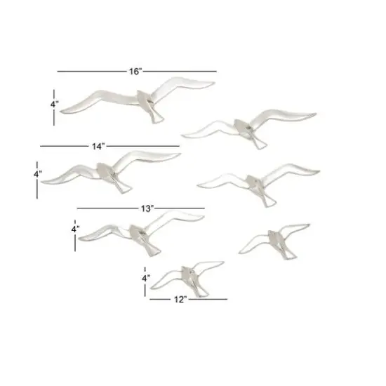 Set of 7 Silver Aluminum Coastal Birds Wall Decor, 16" x 4" {7}