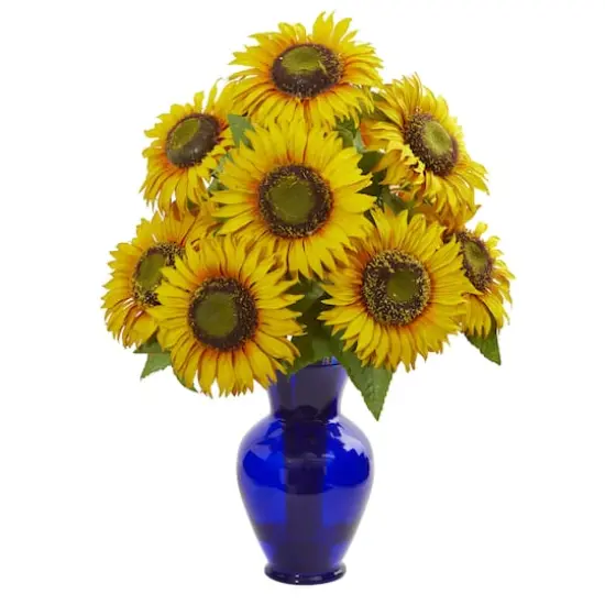 20" Sunflower Arrangement in Blue Garden Vase {1}