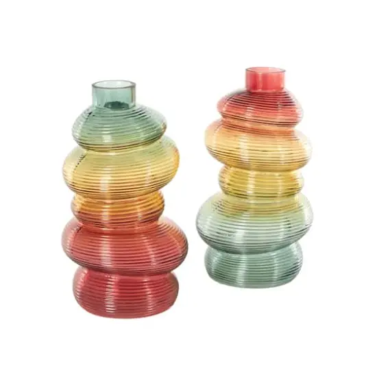12" Multicolor Glass Ribbed Stacked Stones Vase Set with Color Blocks {4}