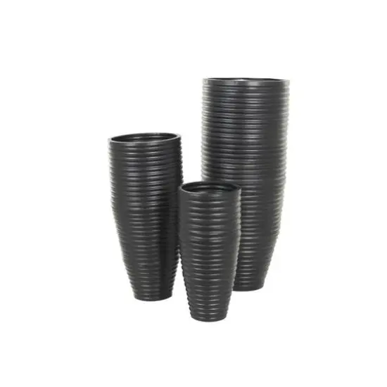 Black Ribbed Floor Metal Vase Set with Horizontal Grooves {9}