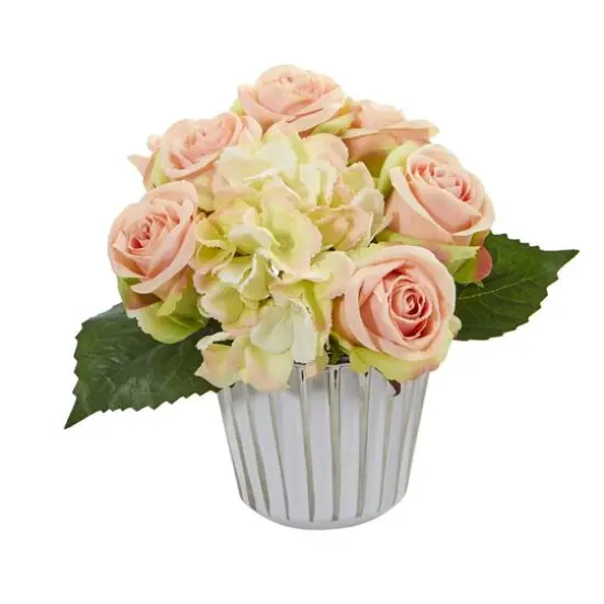 Rose and Hydrangea Bouquet Artificial in White and Silver Trimmed Vase {1}