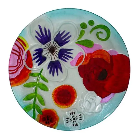 21'' White and Blue Hand Painted Floral Glass Birdbath {5}