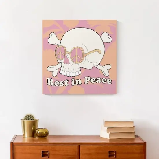 Pink & Coral Skull Rest in Peace Canvas Wall Art {5}