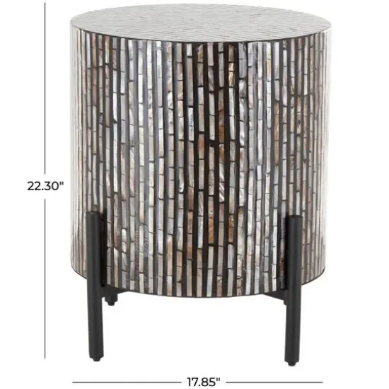 22.25" Multicolor Mother of Pearl Shell Geometric Handmade Inlay Accent Table with Black Legs {8}