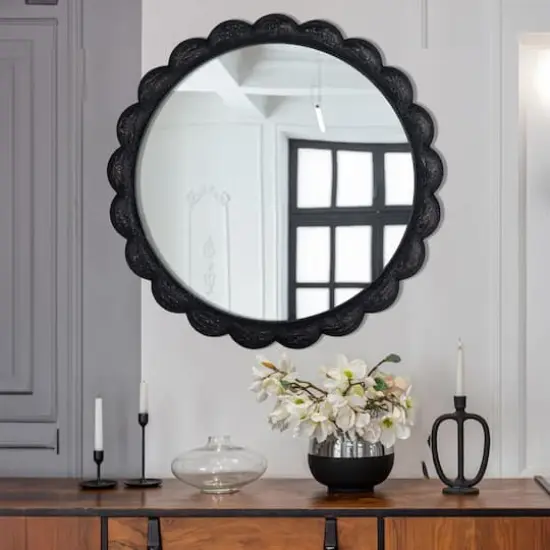 Hello Honey&reg; 27" Black Round Scalloped Wood Wall Mirror {3}
