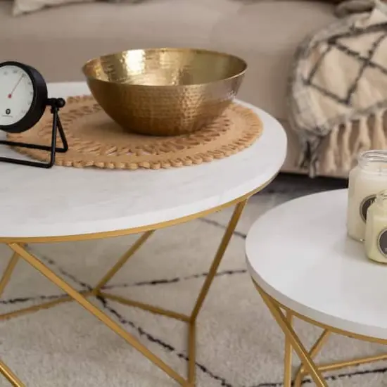 Faux White Marble & Gold Geometric Modern Nesting Coffee Table Set {5}