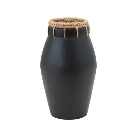 Hello Honey&reg; 11" Black Handmade Terra Cotta Vase with Rattan Stitching {1}