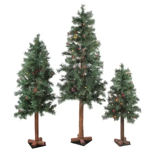 3 Pack Pre-Lit Woodland Alpine Artificial Christmas Trees, Multicolor Lights {1}