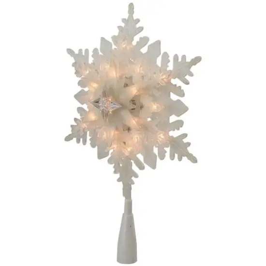 10" Lighted White Frosted Stacked Snowflake Christmas Tree Topper, Clear Lights {10}