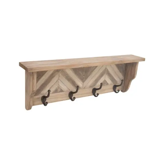 Brown Wood Vintage Wall Hooks with Shelf, 10" x 32" x 4" {4}