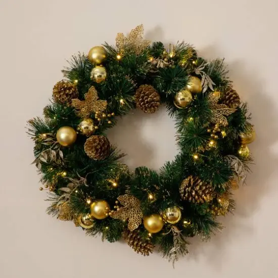 24in. Pre-Lit Artificial Golden Frosted Christmas Wreath with 50 Warm White LED Lights Pinecones, Berries and Ornaments {7}