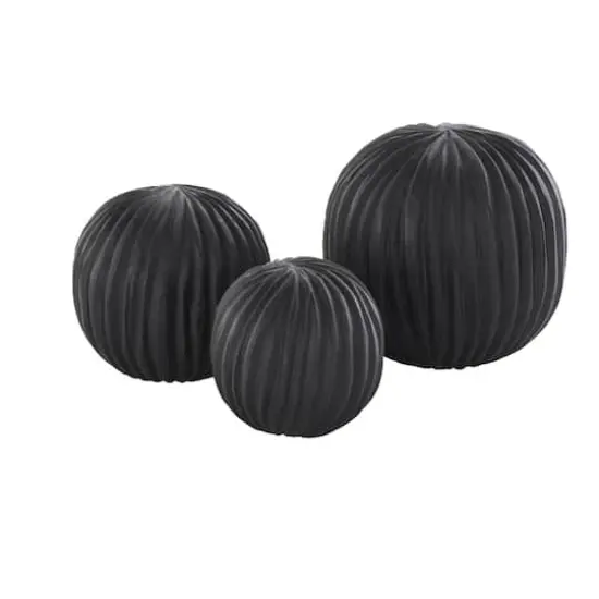 Black Teak Wood Carved Orbs Set {4}