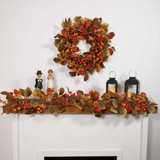 24" Orange & Green Berry & Pumpkin Fall Harvest Wreath {4}