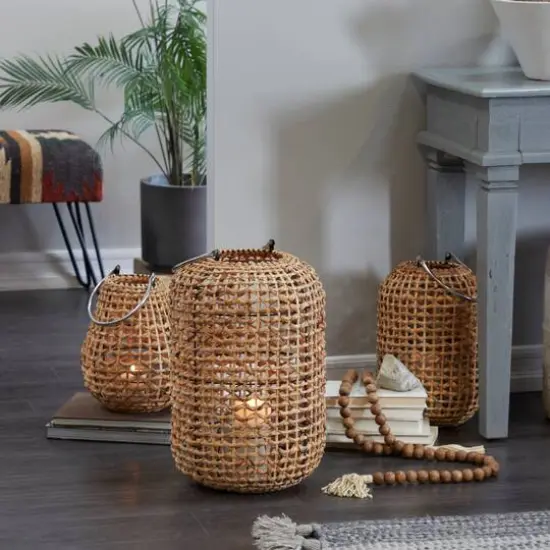 19" Brown Metal Handmade Candle Lantern with Glass Holder and Handle {7}