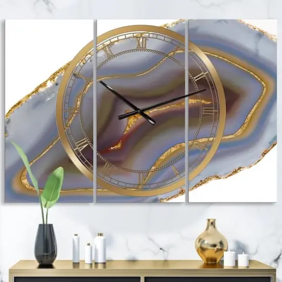 Designart Fashion Golden Core Agate 3 Panel Oversized Wall Clock {3}