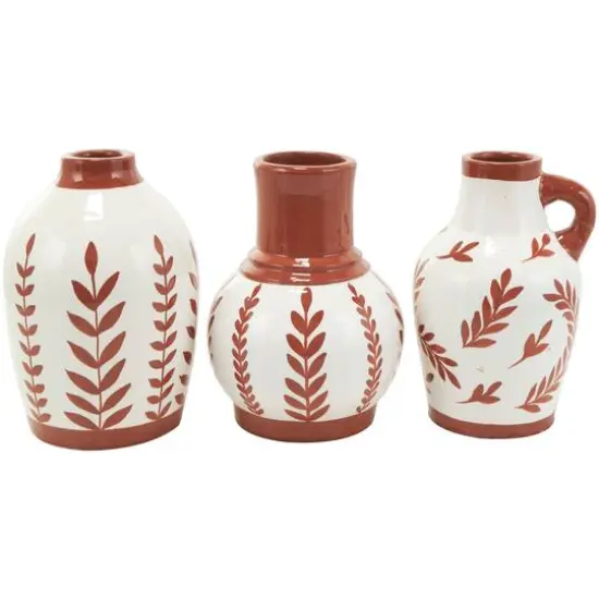 White Ceramic Floral Vase with Terracotta Colored Detailing Set {6}