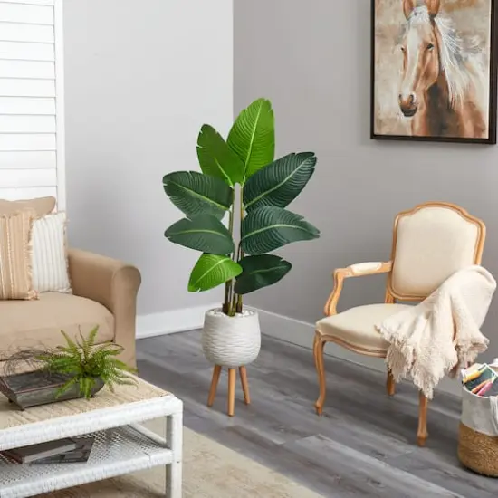 5ft. Travelers Palm Artificial Tree in White Planter with Stand {5}