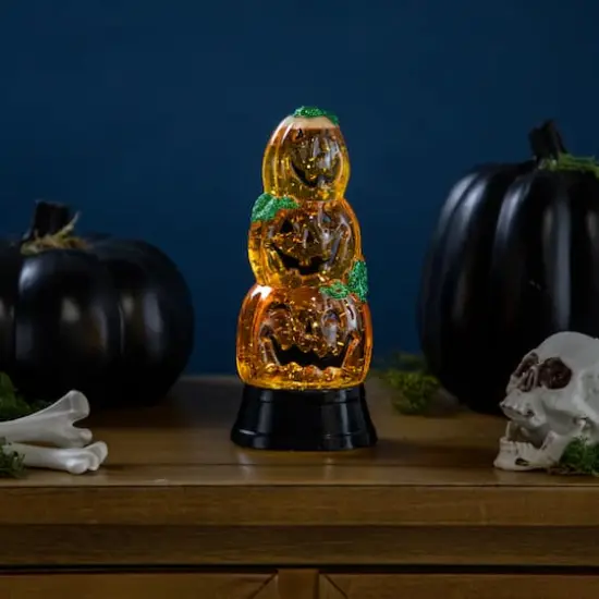 6.5" Orange LED Stacked Jack O' Lanterns Halloween Snow Globe {3}