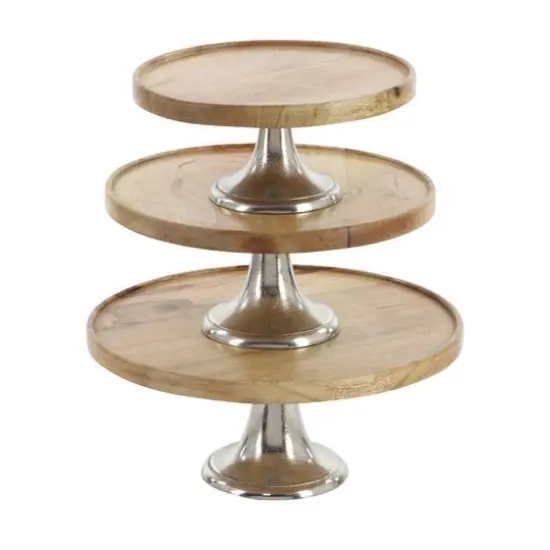 Brown Mango Wood & Metal Cake Stand Set {3}