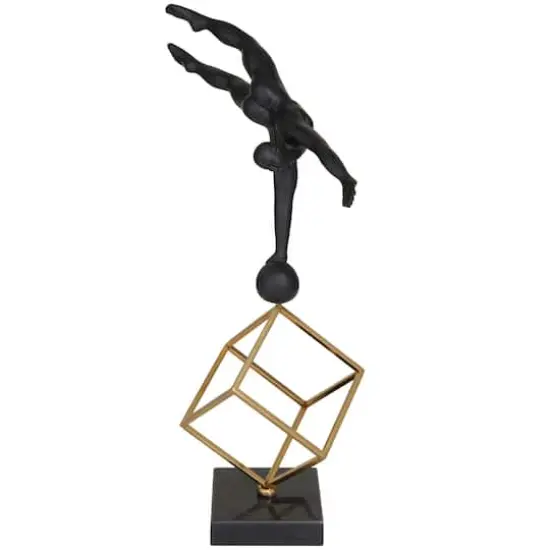 17" Black Marble Gymnast Sculpture with Gold Cube Base {1}