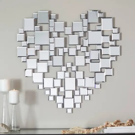 Silver Glass Shaped Mirrored Heart Wall Mirror 32" x 1" x 32" {7}