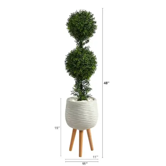 4ft. Boxwood Double Ball Topiary Artificial Tree in White Planter with Stand (Indoor/Outdoor) {3}