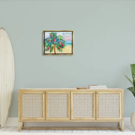 Stupell Industries Merry Beachy Christmas Holiday Palm Gold Framed Floater Canvas Wall Art {3}