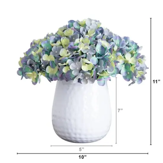 11" Blue Hydrangea Arrangement in White Metal Vase {6}