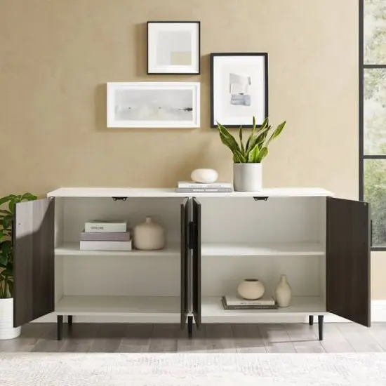 Walker Edison 58" Ash Brown Bookmatch & White Mid Century Modern TV Buffet {8}