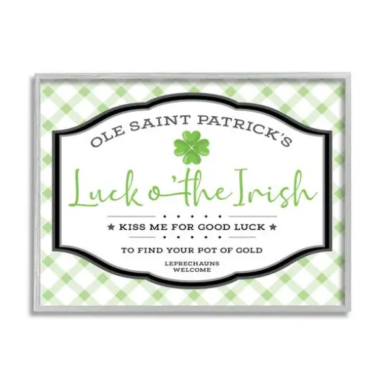 Stupell Industries Saint Patrick's Luck o'the Irish Sign Green Plaid Framed Giclee Art Gray {1}