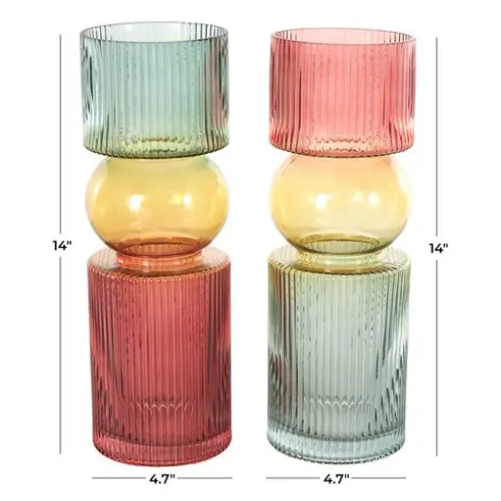 14" Multicolor Abstract Glass Ribbed Vase Set {8}