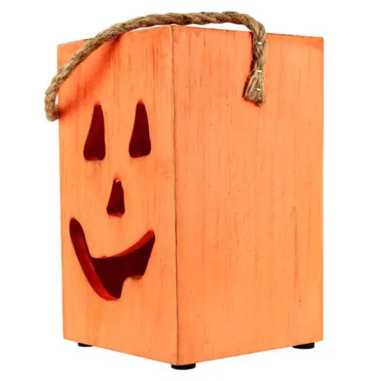 8" Large Orange Wood Jack-O-Lantern Halloween Candle Lantern {4}
