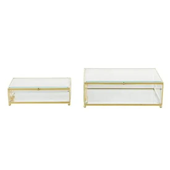 Clear & Gold Beveled Glass & Metal Rectangle Footed Jewelry Box with Chain Accent Set {8}
